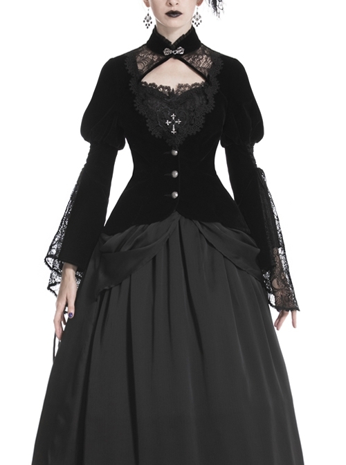 High Collar Front Chest Hollow-Out Lace Metal Retro Buckle Long Sleeve Lace Lace-Up Cuff Black Gothic Velvet Jacket