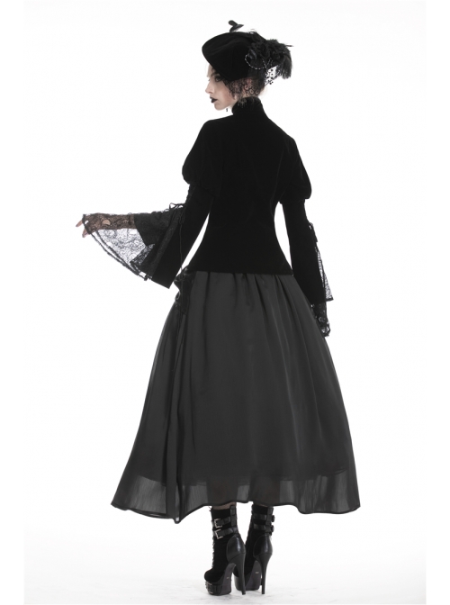 High Collar Front Chest Hollow-Out Lace Metal Retro Buckle Long Sleeve Lace Lace-Up Cuff Black Gothic Velvet Jacket