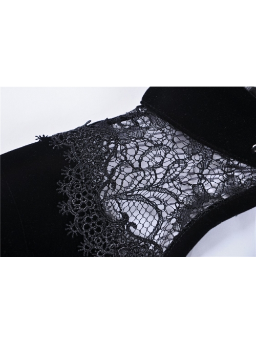 High Collar Front Chest Hollow-Out Lace Metal Retro Buckle Long Sleeve Lace Lace-Up Cuff Black Gothic Velvet Jacket