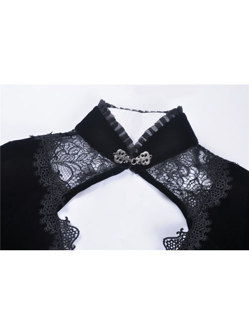 High Collar Front Chest Hollow-Out Lace Metal Retro Buckle Long Sleeve Lace Lace-Up Cuff Black Gothic Velvet Jacket