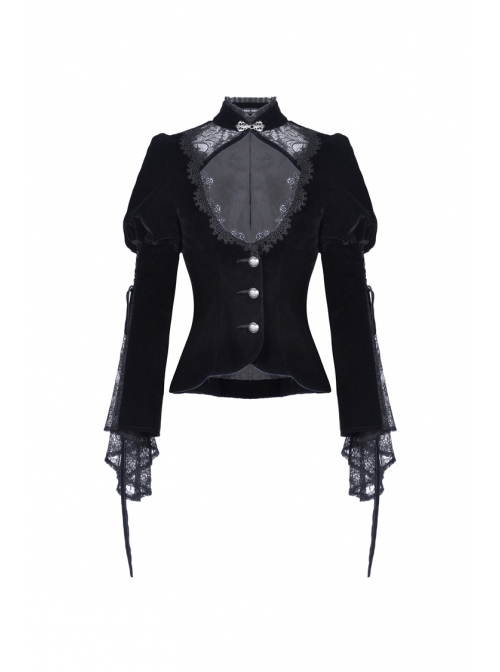 High Collar Front Chest Hollow-Out Lace Metal Retro Buckle Long Sleeve Lace Lace-Up Cuff Black Gothic Velvet Jacket