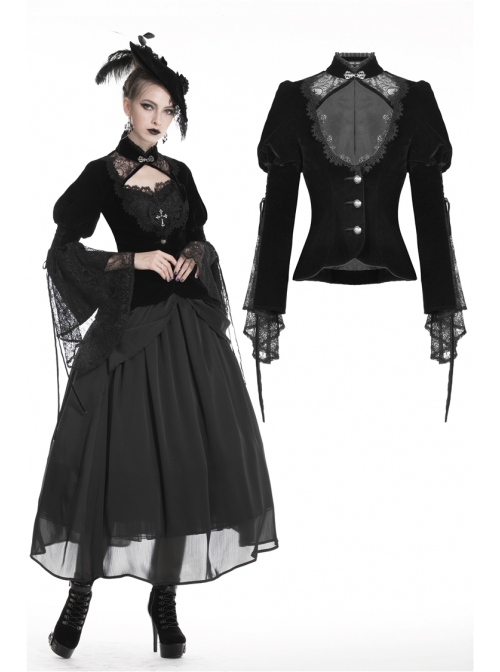 High Collar Front Chest Hollow-Out Lace Metal Retro Buckle Long Sleeve Lace Lace-Up Cuff Black Gothic Velvet Jacket