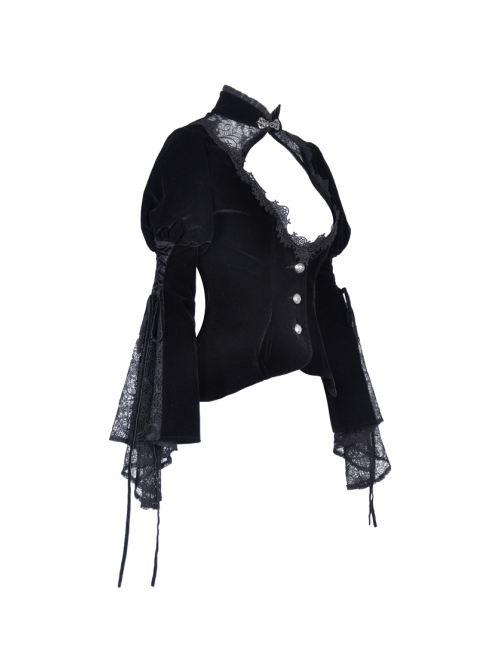 High Collar Front Chest Hollow-Out Lace Metal Retro Buckle Long Sleeve Lace Lace-Up Cuff Black Gothic Velvet Jacket