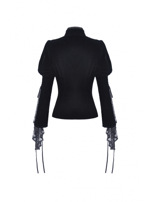 High Collar Front Chest Hollow-Out Lace Metal Retro Buckle Long Sleeve Lace Lace-Up Cuff Black Gothic Velvet Jacket