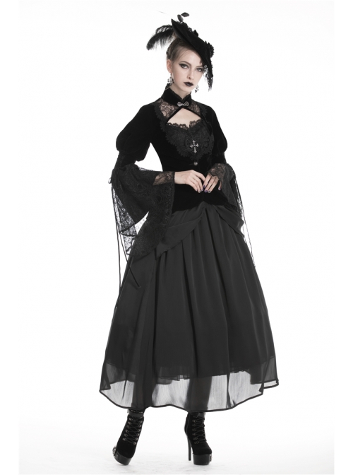 High Collar Front Chest Hollow-Out Lace Metal Retro Buckle Long Sleeve Lace Lace-Up Cuff Black Gothic Velvet Jacket