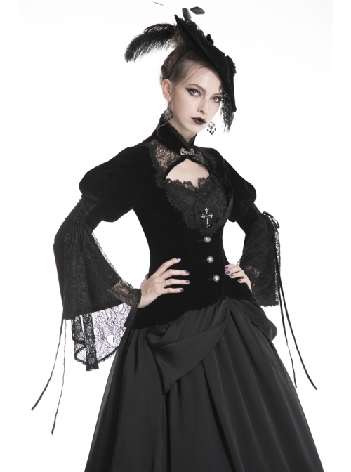 High Collar Front Chest Hollow-Out Lace Metal Retro Buckle Long Sleeve Lace Lace-Up Cuff Black Gothic Velvet Jacket