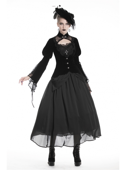 High Collar Front Chest Hollow-Out Lace Metal Retro Buckle Long Sleeve Lace Lace-Up Cuff Black Gothic Velvet Jacket