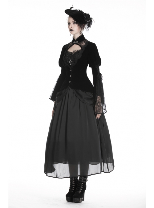 High Collar Front Chest Hollow-Out Lace Metal Retro Buckle Long Sleeve Lace Lace-Up Cuff Black Gothic Velvet Jacket
