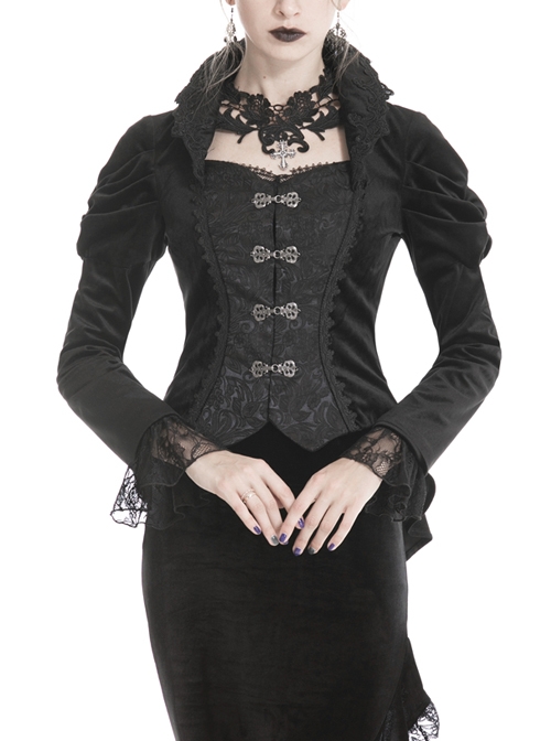 Stand-Up Collar Front Metal Hasp Long Sleeve Black Gothic Velvet Jacket