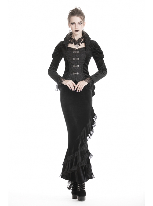 Stand-Up Collar Front Metal Hasp Long Sleeve Black Gothic Velvet Jacket