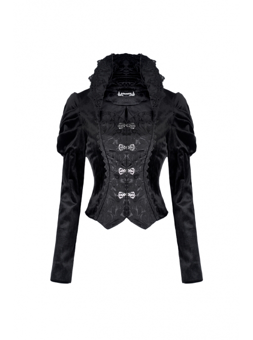 Stand-Up Collar Front Metal Hasp Long Sleeve Black Gothic Velvet Jacket
