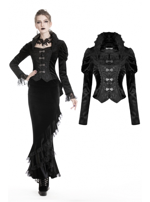 Stand-Up Collar Front Metal Hasp Long Sleeve Black Gothic Velvet Jacket