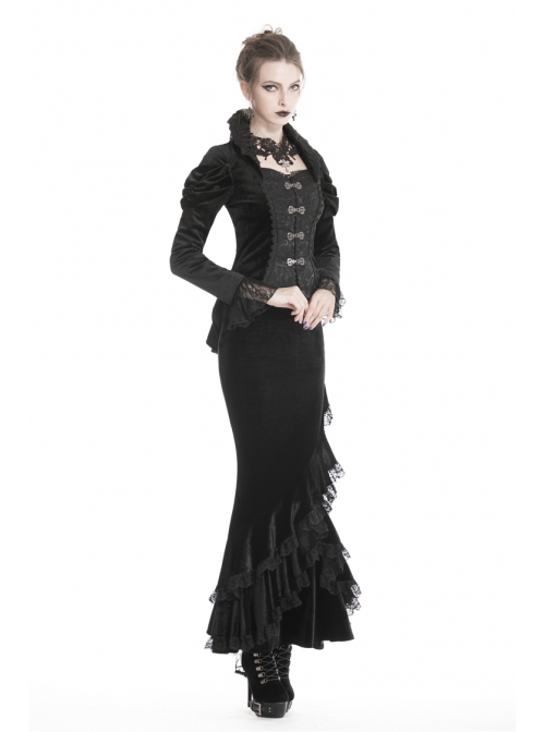 Stand-Up Collar Front Metal Hasp Long Sleeve Black Gothic Velvet Jacket