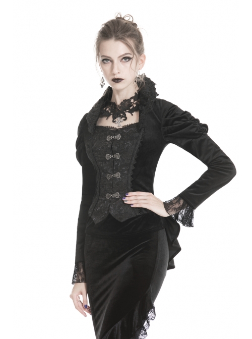 Stand-Up Collar Front Metal Hasp Long Sleeve Black Gothic Velvet Jacket