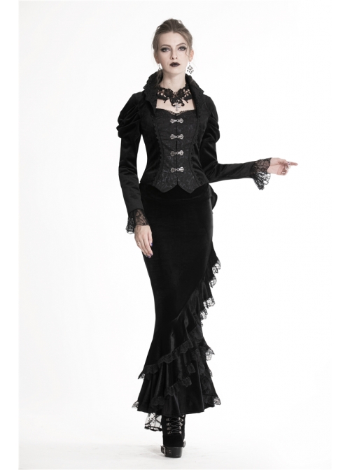 Stand-Up Collar Front Metal Hasp Long Sleeve Black Gothic Velvet Jacket