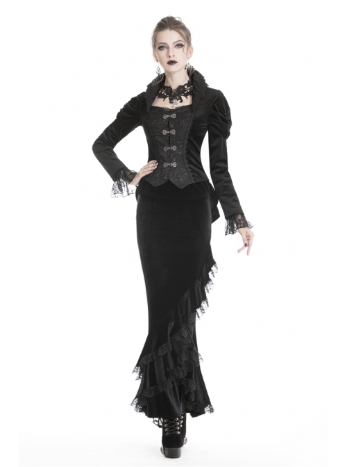 Stand-Up Collar Front Metal Hasp Long Sleeve Black Gothic Velvet Jacket