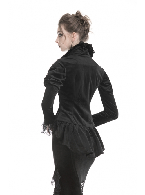 Stand-Up Collar Front Metal Hasp Long Sleeve Black Gothic Velvet Jacket