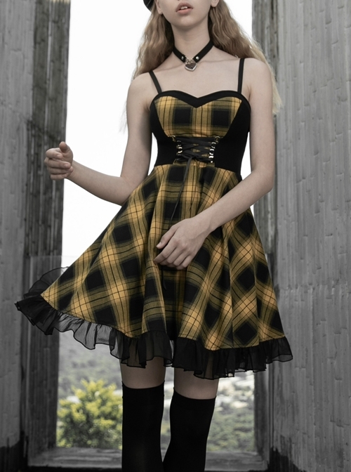 Steam Punk Female Yellow Lattice Plaid Stitching Binding Strap Dress