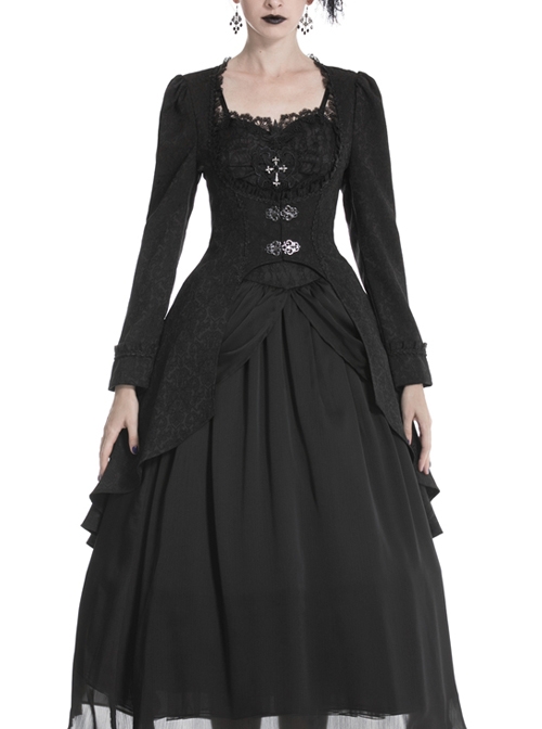 Large Frill Collar Front Metal Retro Hasp Long Sleeve Back Waist Lace-Up Black Gothic Jacquard Tailcoat Coat