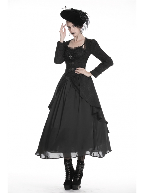 Large Frill Collar Front Metal Retro Hasp Long Sleeve Back Waist Lace-Up Black Gothic Jacquard Tailcoat Coat