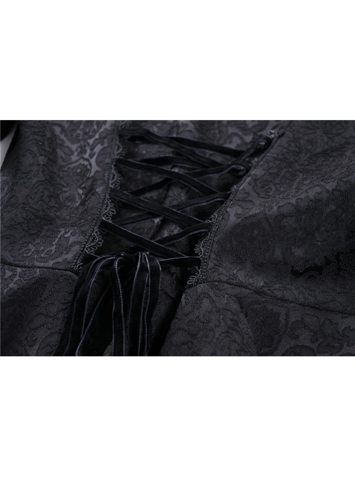 Large Frill Collar Front Metal Retro Hasp Long Sleeve Back Waist Lace-Up Black Gothic Jacquard Tailcoat Coat