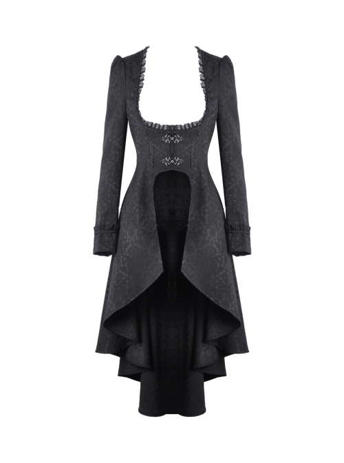 Large Frill Collar Front Metal Retro Hasp Long Sleeve Back Waist Lace-Up Black Gothic Jacquard Tailcoat Coat