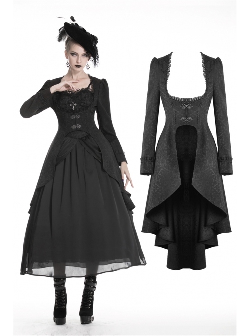 Large Frill Collar Front Metal Retro Hasp Long Sleeve Back Waist Lace-Up Black Gothic Jacquard Tailcoat Coat