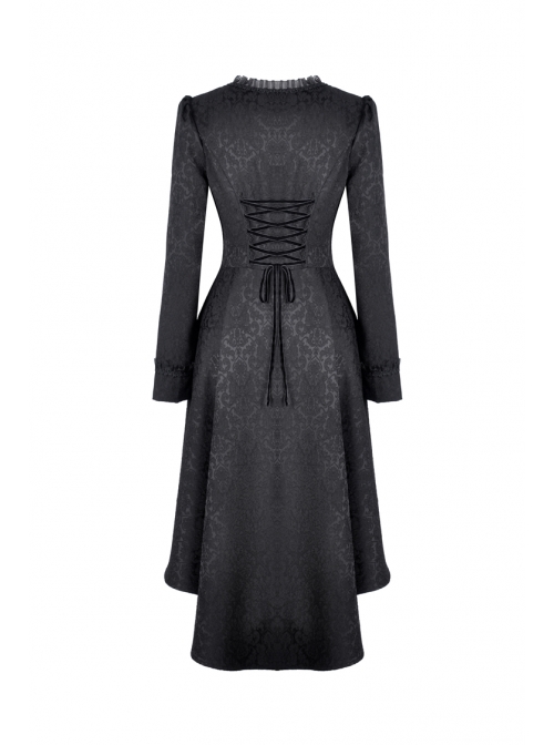 Large Frill Collar Front Metal Retro Hasp Long Sleeve Back Waist Lace-Up Black Gothic Jacquard Tailcoat Coat