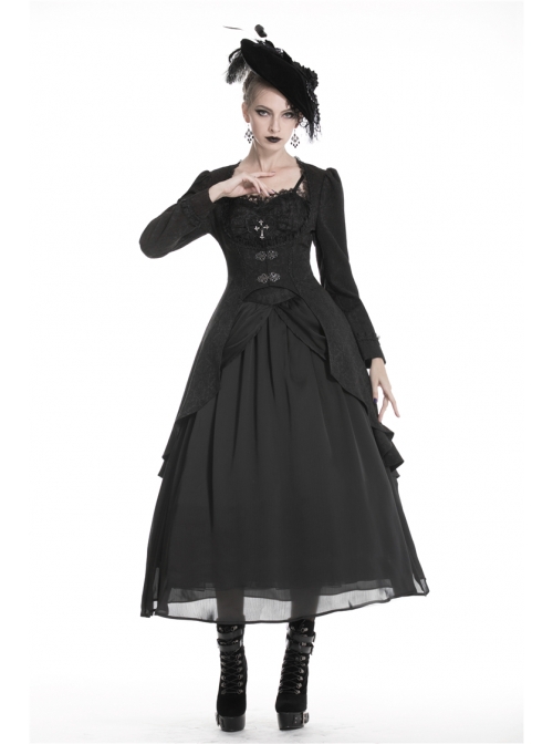 Large Frill Collar Front Metal Retro Hasp Long Sleeve Back Waist Lace-Up Black Gothic Jacquard Tailcoat Coat