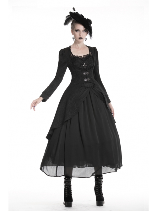 Large Frill Collar Front Metal Retro Hasp Long Sleeve Back Waist Lace-Up Black Gothic Jacquard Tailcoat Coat