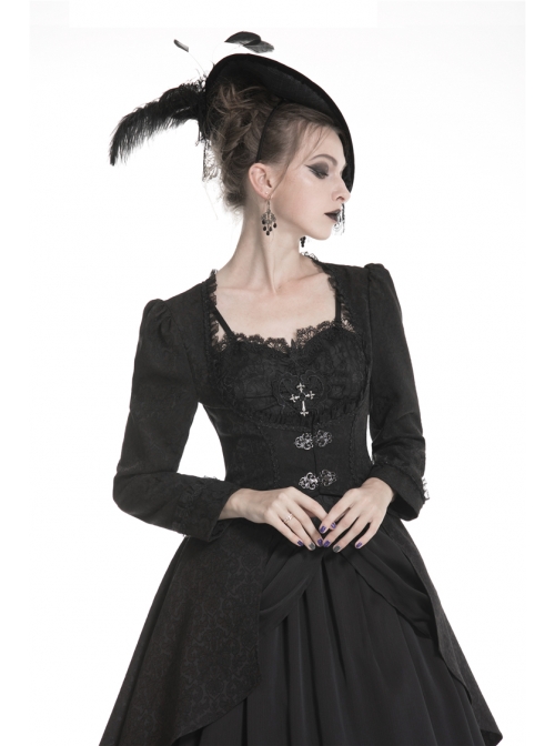 Large Frill Collar Front Metal Retro Hasp Long Sleeve Back Waist Lace-Up Black Gothic Jacquard Tailcoat Coat