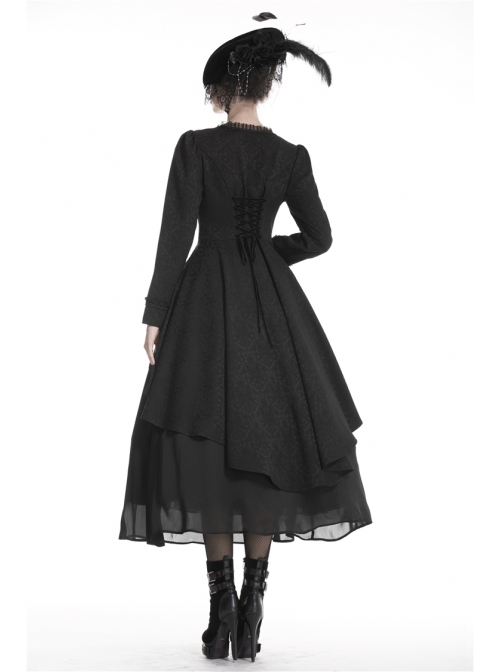 Large Frill Collar Front Metal Retro Hasp Long Sleeve Back Waist Lace-Up Black Gothic Jacquard Tailcoat Coat