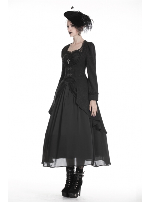 Large Frill Collar Front Metal Retro Hasp Long Sleeve Back Waist Lace-Up Black Gothic Jacquard Tailcoat Coat