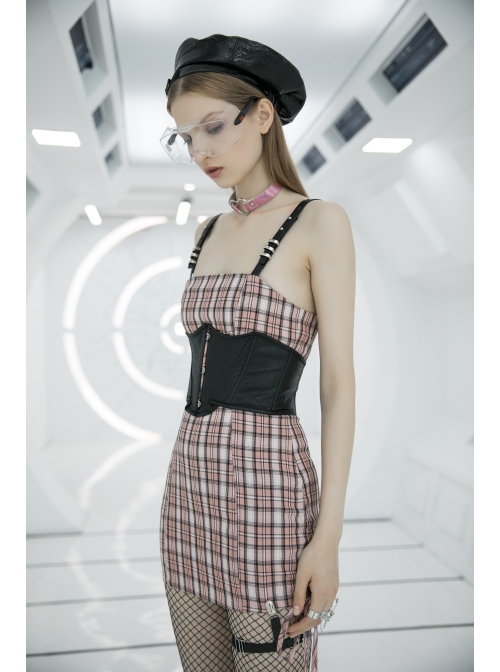Steam Punk Female Cute Pink High Waist Black Strap Dress