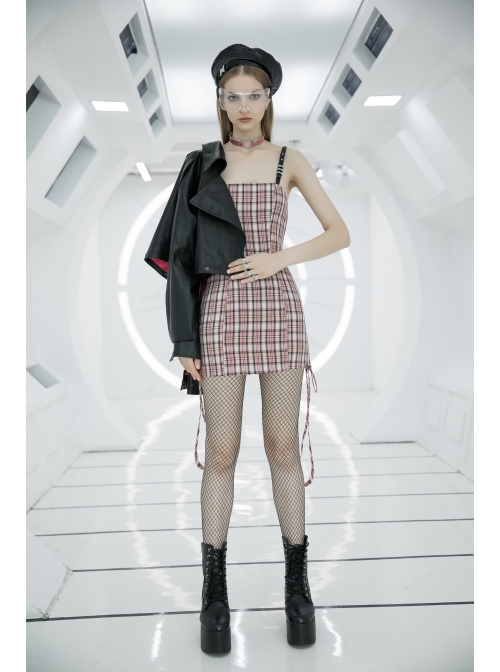 Steam Punk Female Cute Pink High Waist Black Strap Dress