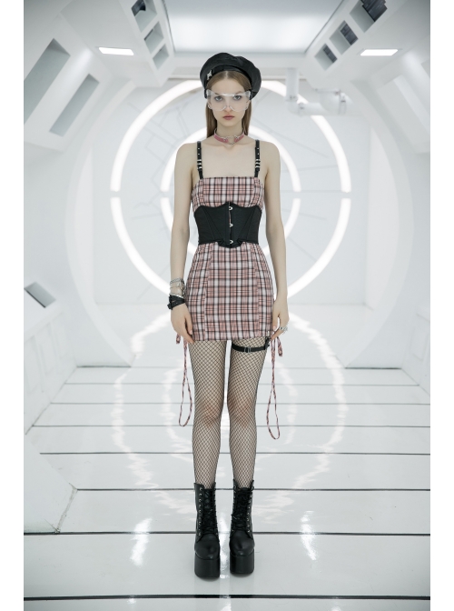 Steam Punk Female Cute Pink High Waist Black Strap Dress