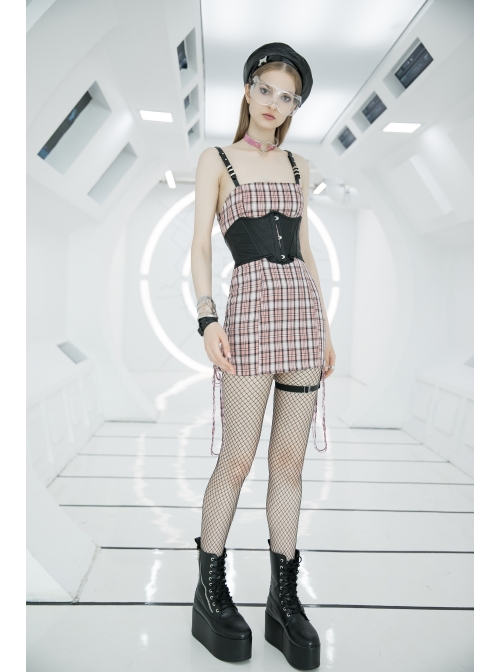 Steam Punk Female Cute Pink High Waist Black Strap Dress