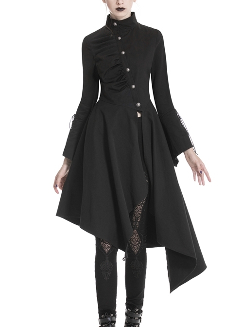 High Collar Oblique Placket Metal Button Flare Sleeve Lace-Up Cuff Irregular Hem Black Gothic Dress