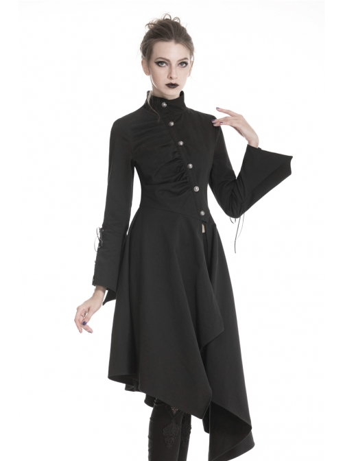 High Collar Oblique Placket Metal Button Flare Sleeve Lace-Up Cuff Irregular Hem Black Gothic Dress