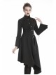 High Collar Oblique Placket Metal Button Flare Sleeve Lace-Up Cuff Irregular Hem Black Gothic Dress