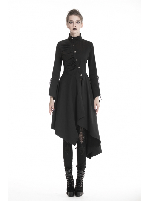 High Collar Oblique Placket Metal Button Flare Sleeve Lace-Up Cuff Irregular Hem Black Gothic Dress