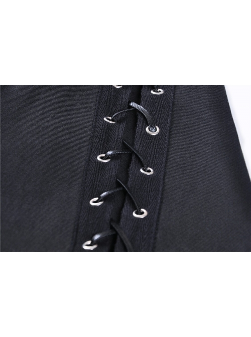 High Collar Oblique Placket Metal Button Flare Sleeve Lace-Up Cuff Irregular Hem Black Gothic Dress