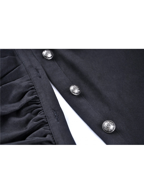 High Collar Oblique Placket Metal Button Flare Sleeve Lace-Up Cuff Irregular Hem Black Gothic Dress