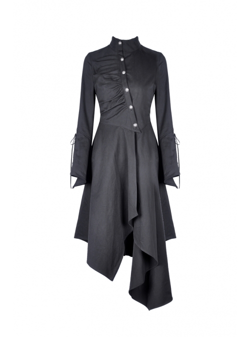 High Collar Oblique Placket Metal Button Flare Sleeve Lace-Up Cuff Irregular Hem Black Gothic Dress