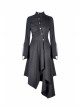 High Collar Oblique Placket Metal Button Flare Sleeve Lace-Up Cuff Irregular Hem Black Gothic Dress