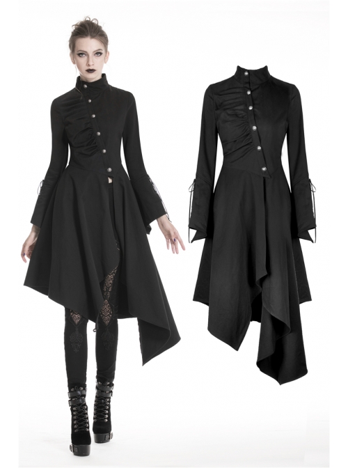 High Collar Oblique Placket Metal Button Flare Sleeve Lace-Up Cuff Irregular Hem Black Gothic Dress