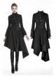 High Collar Oblique Placket Metal Button Flare Sleeve Lace-Up Cuff Irregular Hem Black Gothic Dress