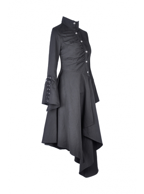High Collar Oblique Placket Metal Button Flare Sleeve Lace-Up Cuff Irregular Hem Black Gothic Dress