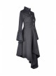 High Collar Oblique Placket Metal Button Flare Sleeve Lace-Up Cuff Irregular Hem Black Gothic Dress