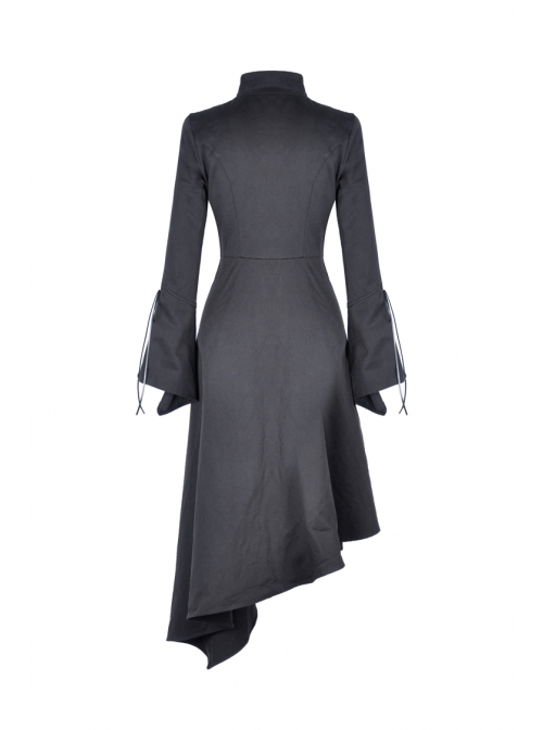 High Collar Oblique Placket Metal Button Flare Sleeve Lace-Up Cuff Irregular Hem Black Gothic Dress